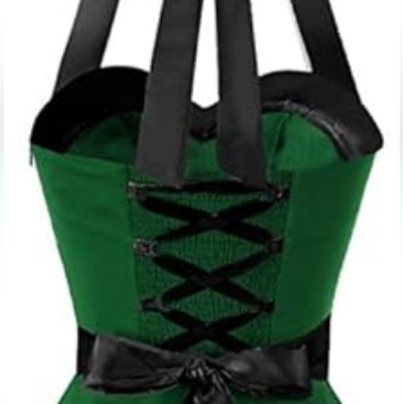 Green Halter Fit & Flare Dress with Contrast Trim - Picture 3 of 8